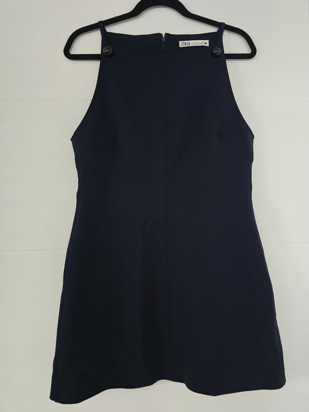 Zara Navy Blue Button Strap Square Neck Shift Mini Dress L